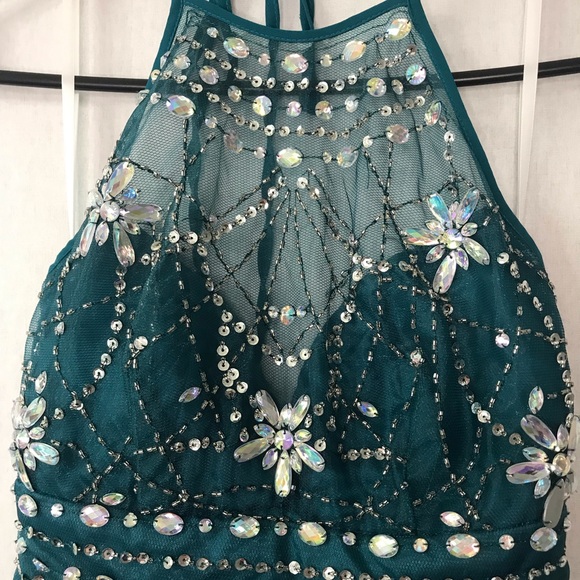 Charming Jeweled Cocktail Halter Dress -Teal - Picture 3 of 6